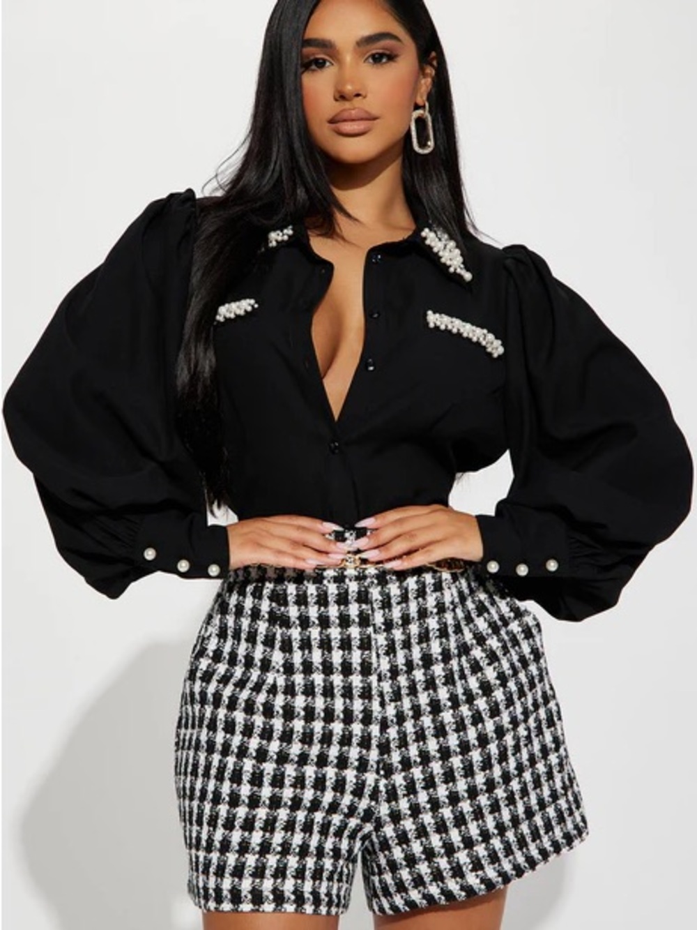 Fashion Nova Black Pearl-Trim Puff Sleeve Blouse- LIKE NEW- SIZE LARGE‎